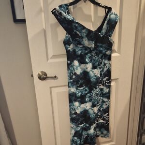 Teri Jon Asymmetrical Dress in Blue and Black